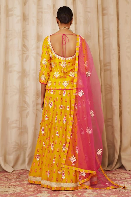 Shop Shyam Narayan Prasad Yellow Net, Viscose Silk Round Short Kurta And Lehenga Set at Aza Fashions Shop_Shyam Narayan Prasad_Yellow Net, Viscose Silk Round Short Kurta And Lehenga Set _at_Aza_Fashions