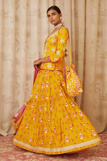 Buy Shyam Narayan Prasad Yellow Net, Viscose Silk Round Short Kurta And Lehenga Set Online at Aza Fashions Buy_Shyam Narayan Prasad_Yellow Net, Viscose Silk Round Short Kurta And Lehenga Set _Online_at_Aza_Fashions