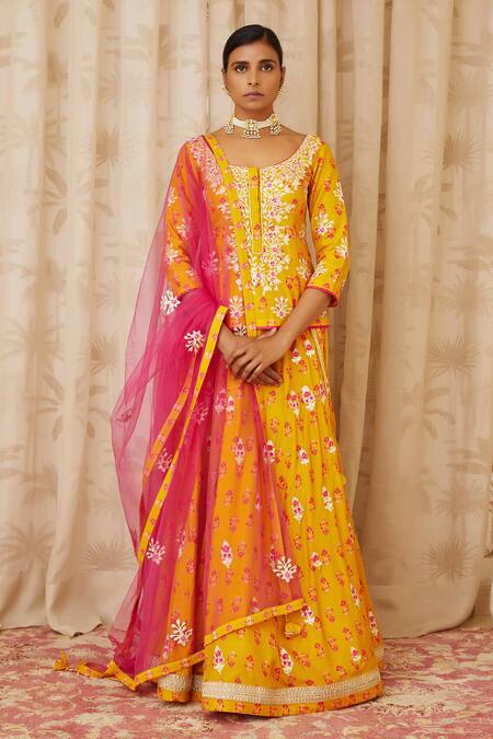 Shop Shyam Narayan Prasad Yellow Net, Viscose Silk Round Short Kurta And Lehenga Set Online at Aza Fashions Shop_Shyam Narayan Prasad_Yellow Net, Viscose Silk Round Short Kurta And Lehenga Set _Online_at_Aza_Fashions