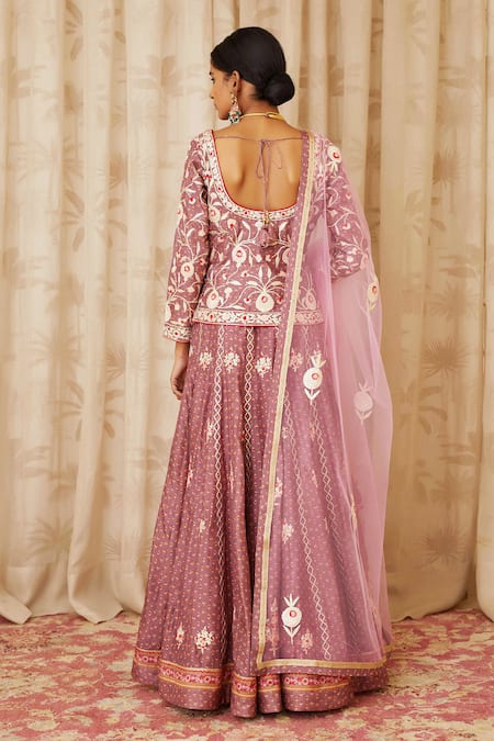 Shop Shyam Narayan Prasad Purple Net, Cotton Lining, Viscose Silk Round Short Kurta And Lehenga Set at Aza Fashions Shop_Shyam Narayan Prasad_Purple Net, Cotton Lining, Viscose Silk Round Short Kurta And Lehenga Set _at_Aza_Fashions