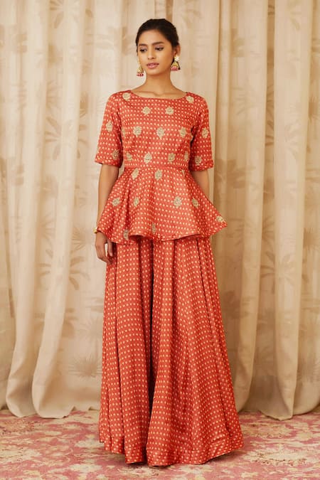 Shyam Narayan Prasad Orange Cotton Satin Round Peplum Top And Pant Set 