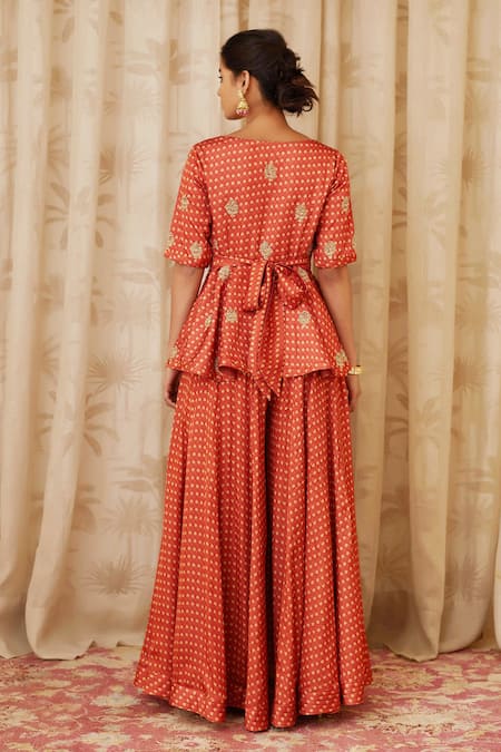 Shop Shyam Narayan Prasad Orange Cotton Satin Round Peplum Top And Pant Set at Aza Fashions Shop_Shyam Narayan Prasad_Orange Cotton Satin Round Peplum Top And Pant Set _at_Aza_Fashions