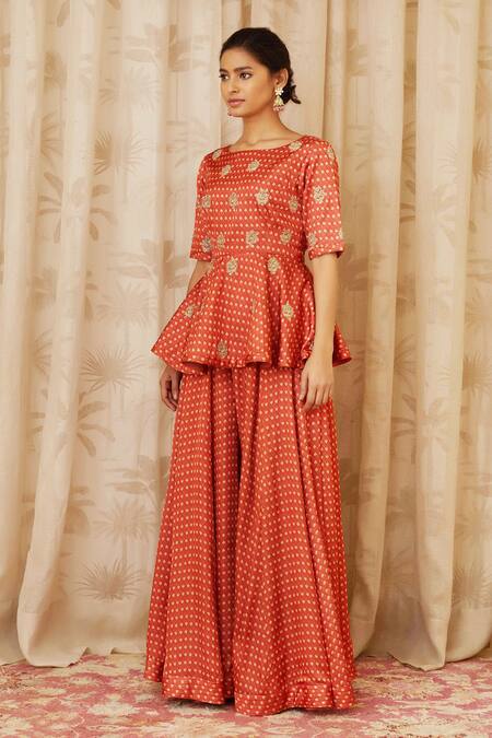 Buy Shyam Narayan Prasad Orange Cotton Satin Round Peplum Top And Pant Set Online at Aza Fashions Buy_Shyam Narayan Prasad_Orange Cotton Satin Round Peplum Top And Pant Set _Online_at_Aza_Fashions