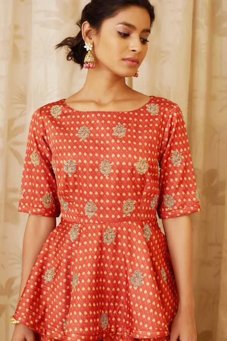 Shop Shyam Narayan Prasad Orange Cotton Satin Round Peplum Top And Pant Set Online at Aza Fashions Shop_Shyam Narayan Prasad_Orange Cotton Satin Round Peplum Top And Pant Set _Online_at_Aza_Fashions