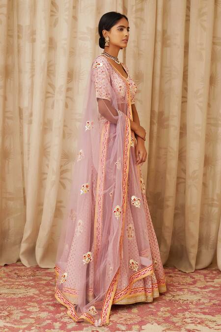 Shyam Narayan Prasad Purple Net, Viscose Silk Leaf Neck Embroidered Lehenga Set Online at Aza Fashions Shyam Narayan Prasad_Purple Net, Viscose Silk Leaf Neck Embroidered Lehenga Set _Online_at_Aza_Fashions