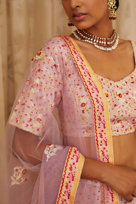 Shop Shyam Narayan Prasad Purple Net, Viscose Silk Leaf Neck Embroidered Lehenga Set Online at Aza Fashions Shop_Shyam Narayan Prasad_Purple Net, Viscose Silk Leaf Neck Embroidered Lehenga Set _Online_at_Aza_Fashions