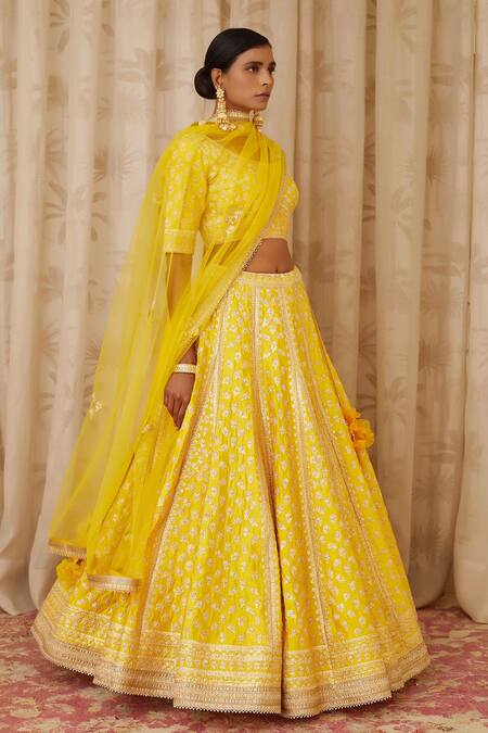 Shyam Narayan Prasad_Yellow Raw Silk, Net Round Embroidered Lehenga Set _Online_at_Aza_Fashions