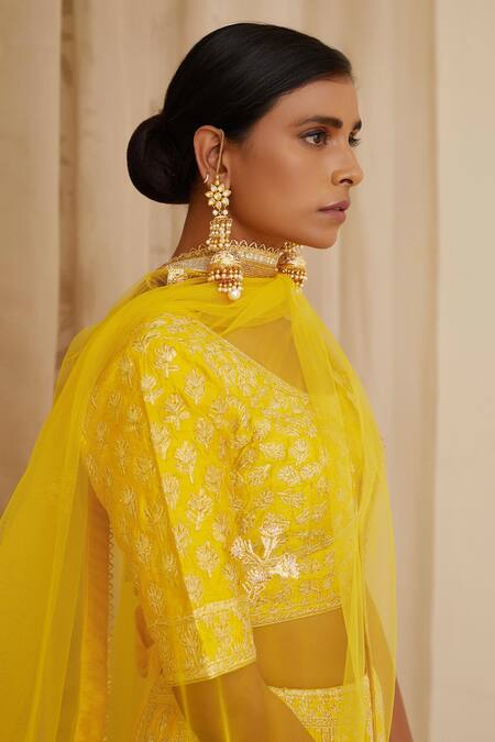 Shop_Shyam Narayan Prasad_Yellow Raw Silk, Net Round Embroidered Lehenga Set _Online_at_Aza_Fashions