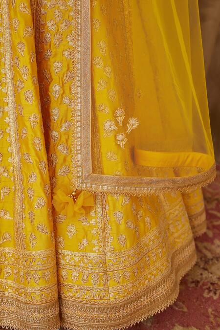 Shyam Narayan Prasad_Yellow Raw Silk, Net Round Embroidered Lehenga Set _at_Aza_Fashions