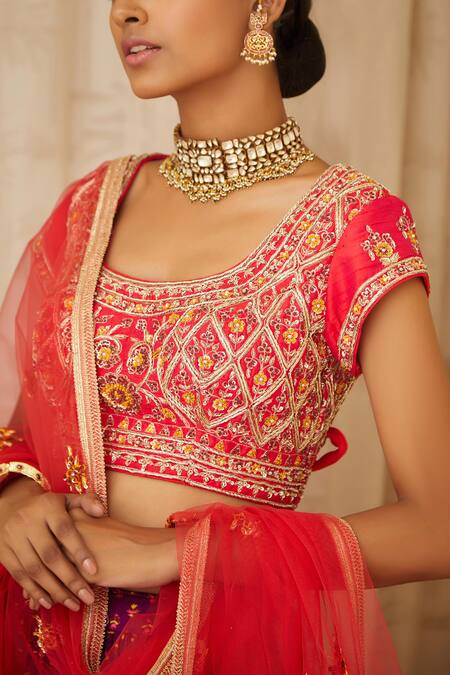Shop_Shyam Narayan Prasad_Red Raw Silk, Net, Flat Chiffon, Satin Georgette Round Embroidered Lehenga Set _Online_at_Aza_Fashions