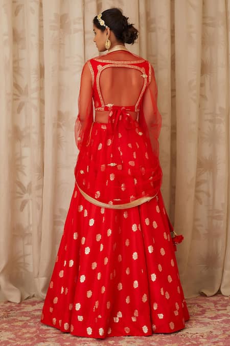 Shop Shyam Narayan Prasad Red Brocade Silk Sweetheart Neck Zardozi Embroidered Lehenga Set at Aza Fashions Shop_Shyam Narayan Prasad_Red Brocade Silk Sweetheart Neck Zardozi Embroidered Lehenga Set _at_Aza_Fashions