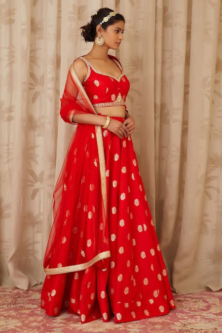 Shyam Narayan Prasad Red Brocade Silk Sweetheart Neck Zardozi Embroidered Lehenga Set Online at Aza Fashions Shyam Narayan Prasad_Red Brocade Silk Sweetheart Neck Zardozi Embroidered Lehenga Set _Online_at_Aza_Fashions