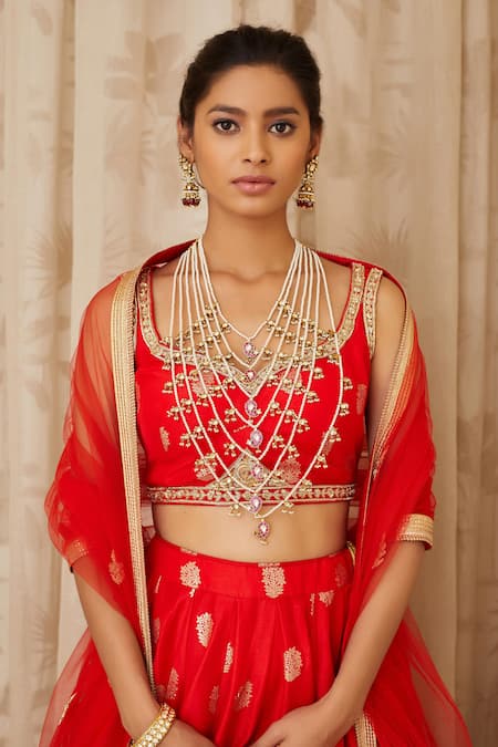 Shyam Narayan Prasad Red Brocade Silk Sweetheart Neck Zardozi Embroidered Lehenga Set at Aza Fashions Shyam Narayan Prasad_Red Brocade Silk Sweetheart Neck Zardozi Embroidered Lehenga Set _at_Aza_Fashions
