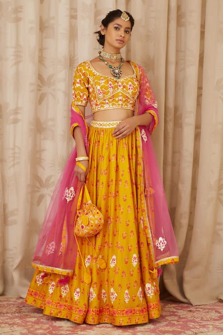 JATRIQQ Yellow & Pink Woven Design Semi-Stitched Lehenga & Unstitched Blouse  with Dupatta