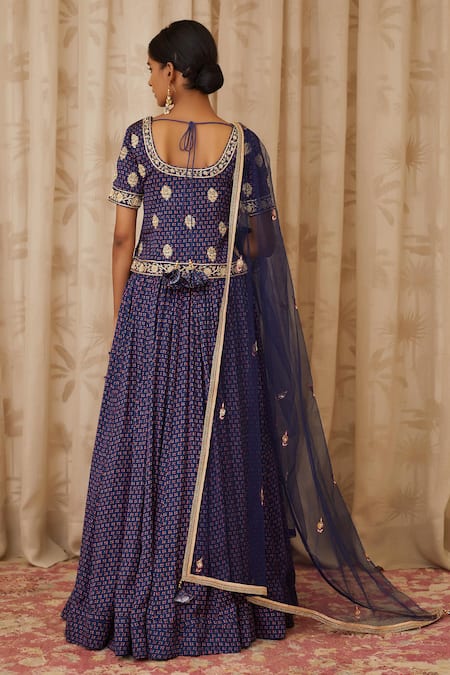 Shop Shyam Narayan Prasad Blue Net, Cotton Satin Round Zardozi Embroidered Blouse And Lehenga Set at Aza Fashions Shop_Shyam Narayan Prasad_Blue Net, Cotton Satin Round Zardozi Embroidered Blouse And Lehenga Set _at_Aza_Fashions