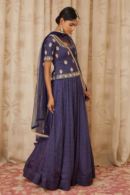 Shyam Narayan Prasad Blue Net, Cotton Satin Round Zardozi Embroidered Blouse And Lehenga Set Online at Aza Fashions Shyam Narayan Prasad_Blue Net, Cotton Satin Round Zardozi Embroidered Blouse And Lehenga Set _Online_at_Aza_Fashions