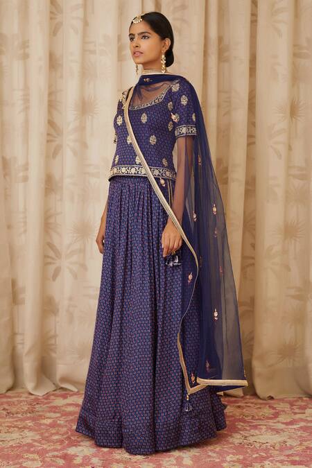 Shop Shyam Narayan Prasad Blue Net, Cotton Satin Round Zardozi Embroidered Blouse And Lehenga Set Online at Aza Fashions Shop_Shyam Narayan Prasad_Blue Net, Cotton Satin Round Zardozi Embroidered Blouse And Lehenga Set _Online_at_Aza_Fashions