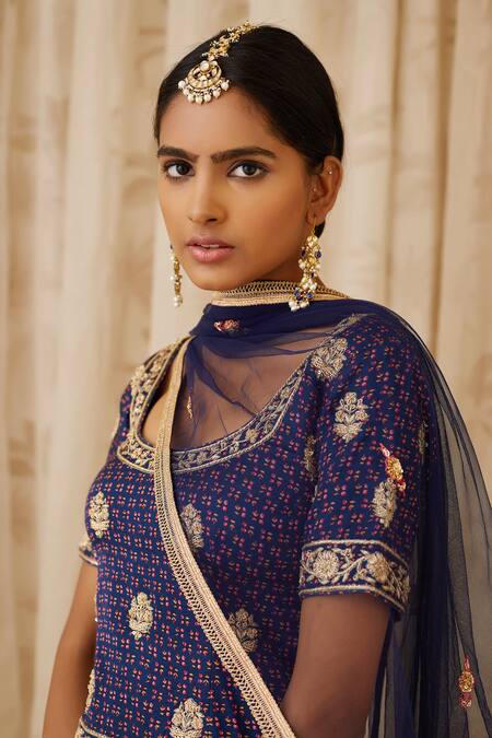 Shyam Narayan Prasad Blue Net, Cotton Satin Round Zardozi Embroidered Blouse And Lehenga Set at Aza Fashions Shyam Narayan Prasad_Blue Net, Cotton Satin Round Zardozi Embroidered Blouse And Lehenga Set _at_Aza_Fashions