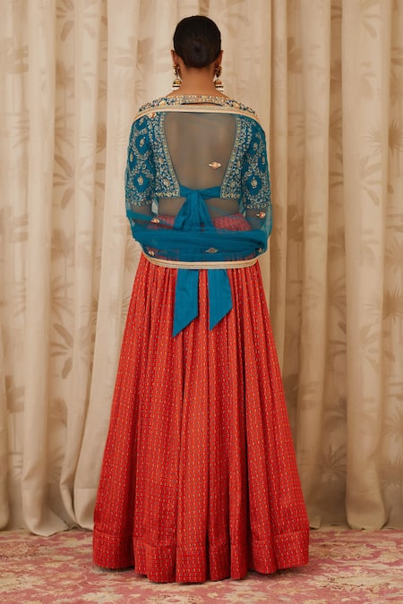 Shop Shyam Narayan Prasad Blue Raw Silk, Net, Cotton Satin Round Zardozi Embroidered Blouse And Lehenga Set at Aza Fashions Shop_Shyam Narayan Prasad_Blue Raw Silk, Net, Cotton Satin Round Zardozi Embroidered Blouse And Lehenga Set _at_Aza_Fashions