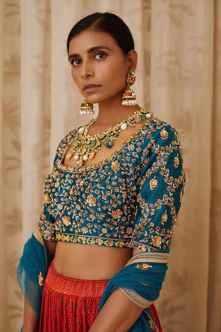 Shop Shyam Narayan Prasad Blue Raw Silk, Net, Cotton Satin Round Zardozi Embroidered Blouse And Lehenga Set Online at Aza Fashions Shop_Shyam Narayan Prasad_Blue Raw Silk, Net, Cotton Satin Round Zardozi Embroidered Blouse And Lehenga Set _Online_at_Aza_Fashions
