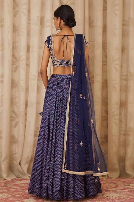 Shop Shyam Narayan Prasad Blue Raw Silk, Net, Cotton Satin Round Zardozi Embroidered Blouse And Lehenga Set at Aza Fashions Shop_Shyam Narayan Prasad_Blue Raw Silk, Net, Cotton Satin Round Zardozi Embroidered Blouse And Lehenga Set _at_Aza_Fashions