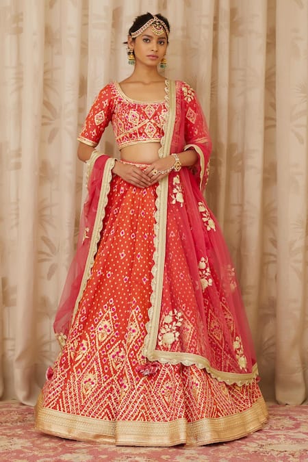 Shyam Narayan Prasad Orange Brocade Silk Round Embroidered Blouse Bridal Lehenga Set 