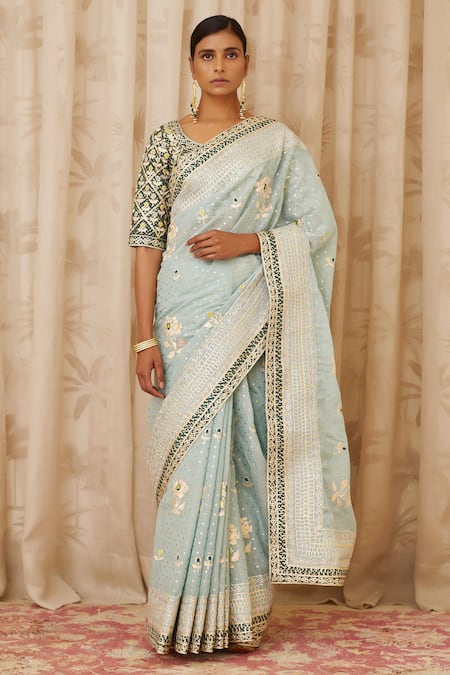 Shyam Narayan Prasad Blue Chanderi Round Saree With Blouse Online at Aza Fashions Shyam Narayan Prasad_Blue Chanderi Round Saree With Blouse _Online_at_Aza_Fashions