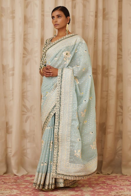 Buy Shyam Narayan Prasad Blue Chanderi Round Saree With Blouse Online at Aza Fashions Buy_Shyam Narayan Prasad_Blue Chanderi Round Saree With Blouse _Online_at_Aza_Fashions