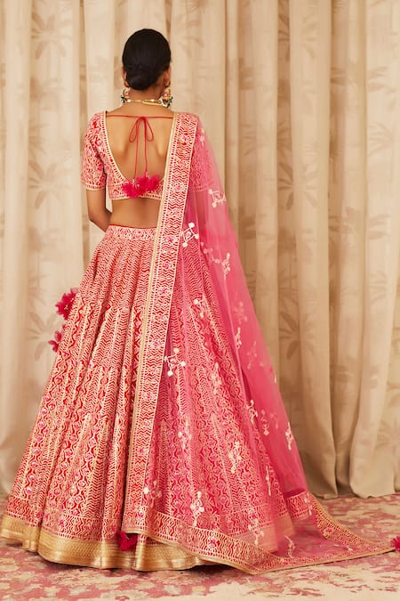 Shop_Shyam Narayan Prasad_Red Raw Silk Scoop Neck Gota Embroidered Bridal Lehenga Set _at_Aza_Fashions