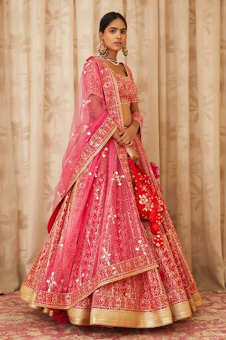 Shyam Narayan Prasad_Red Raw Silk Scoop Neck Gota Embroidered Bridal Lehenga Set _Online_at_Aza_Fashions