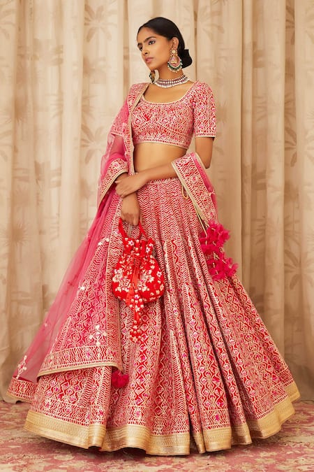 Buy_Shyam Narayan Prasad_Red Raw Silk Scoop Neck Gota Embroidered Bridal Lehenga Set _Online_at_Aza_Fashions