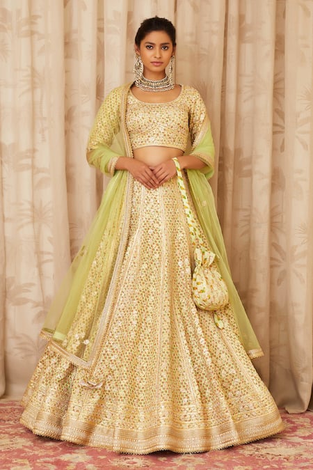 Shyam Narayan Prasad Green Net, Cotton Satin Round Gota Embroidered Lehenga Set 