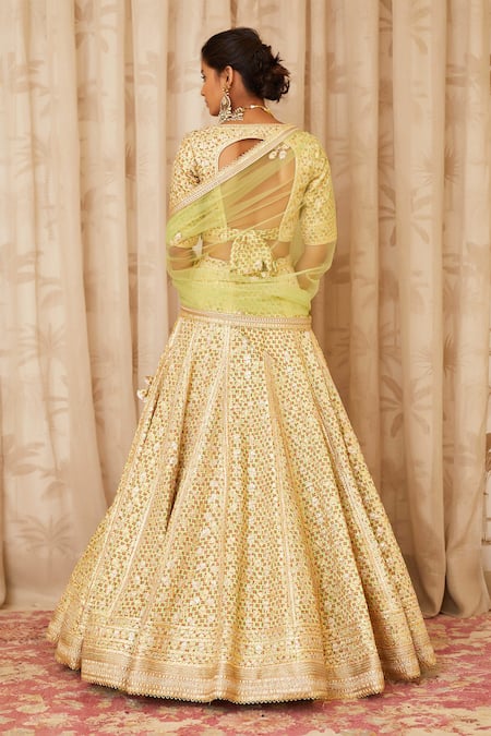 Shop Shyam Narayan Prasad Green Net, Cotton Satin Round Gota Embroidered Lehenga Set at Aza Fashions Shop_Shyam Narayan Prasad_Green Net, Cotton Satin Round Gota Embroidered Lehenga Set _at_Aza_Fashions