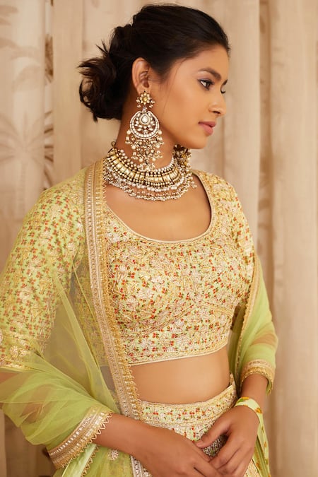 Shop Shyam Narayan Prasad Green Net, Cotton Satin Round Gota Embroidered Lehenga Set Online at Aza Fashions Shop_Shyam Narayan Prasad_Green Net, Cotton Satin Round Gota Embroidered Lehenga Set _Online_at_Aza_Fashions