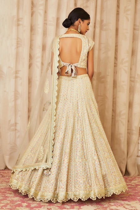 Shop Shyam Narayan Prasad Silver Net, Cotton Satin Square Neck Embroidered Lehenga Set at Aza Fashions Shop_Shyam Narayan Prasad_Silver Net, Cotton Satin Square Neck Embroidered Lehenga Set _at_Aza_Fashions