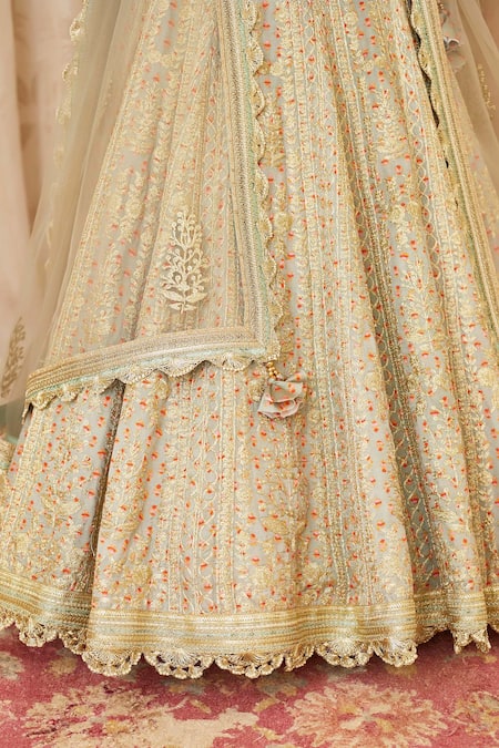 Shyam Narayan Prasad Silver Net, Cotton Satin Square Neck Embroidered Lehenga Set at Aza Fashions Shyam Narayan Prasad_Silver Net, Cotton Satin Square Neck Embroidered Lehenga Set _at_Aza_Fashions