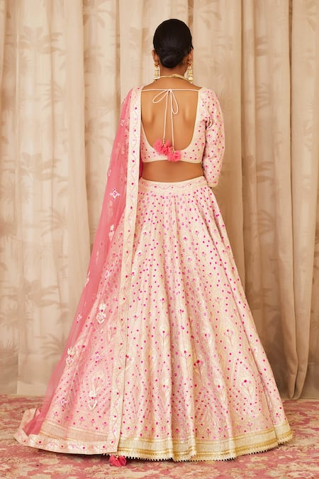 Shop Shyam Narayan Prasad Pink Raw Silk, Net Scoop Neck Gota Embroidered Bridal Lehenga Set at Aza Fashions Shop_Shyam Narayan Prasad_Pink Raw Silk, Net Scoop Neck Gota Embroidered Bridal Lehenga Set _at_Aza_Fashions