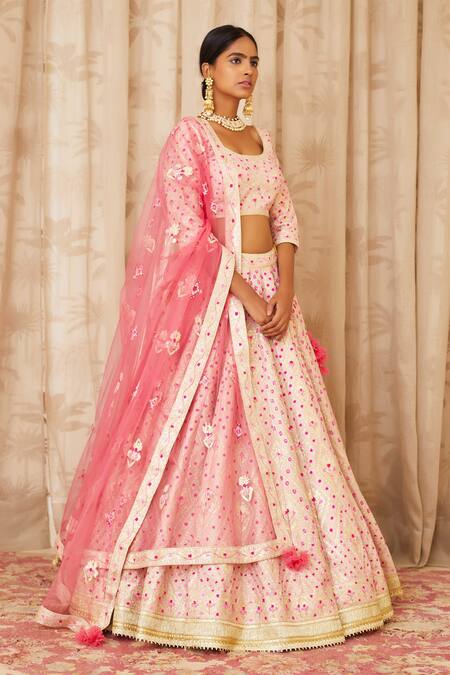 Shyam Narayan Prasad Pink Raw Silk, Net Scoop Neck Gota Embroidered Bridal Lehenga Set Online at Aza Fashions Shyam Narayan Prasad_Pink Raw Silk, Net Scoop Neck Gota Embroidered Bridal Lehenga Set _Online_at_Aza_Fashions