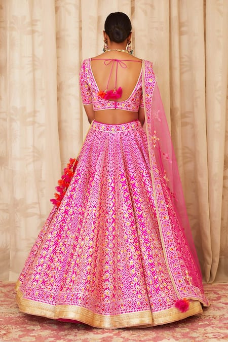 Shop Shyam Narayan Prasad Pink Raw Silk, Net Scoop Neck Gota Embroidered Bridal Lehenga Set at Aza Fashions Shop_Shyam Narayan Prasad_Pink Raw Silk, Net Scoop Neck Gota Embroidered Bridal Lehenga Set _at_Aza_Fashions