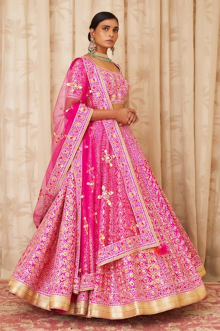 Shyam Narayan Prasad Pink Raw Silk, Net Scoop Neck Gota Embroidered Bridal Lehenga Set Online at Aza Fashions Shyam Narayan Prasad_Pink Raw Silk, Net Scoop Neck Gota Embroidered Bridal Lehenga Set _Online_at_Aza_Fashions