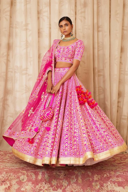Buy Shyam Narayan Prasad Pink Raw Silk, Net Scoop Neck Gota Embroidered Bridal Lehenga Set Online at Aza Fashions Buy_Shyam Narayan Prasad_Pink Raw Silk, Net Scoop Neck Gota Embroidered Bridal Lehenga Set _Online_at_Aza_Fashions