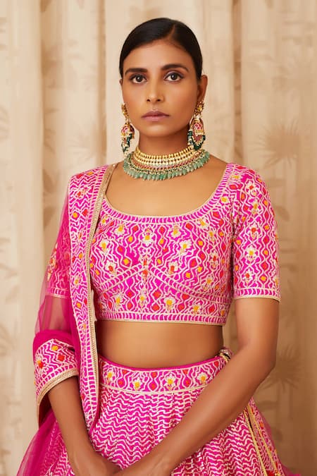 Shop Shyam Narayan Prasad Pink Raw Silk, Net Scoop Neck Gota Embroidered Bridal Lehenga Set Online at Aza Fashions Shop_Shyam Narayan Prasad_Pink Raw Silk, Net Scoop Neck Gota Embroidered Bridal Lehenga Set _Online_at_Aza_Fashions