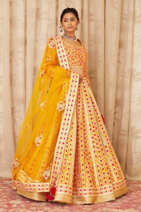 Shyam Narayan Prasad_Yellow Raw Silk, Net Round Gota Embroidered Bridal Lehenga Set _Online_at_Aza_Fashions
