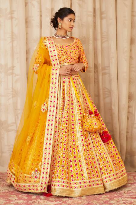 Buy_Shyam Narayan Prasad_Yellow Raw Silk, Net Round Gota Embroidered Bridal Lehenga Set _Online_at_Aza_Fashions