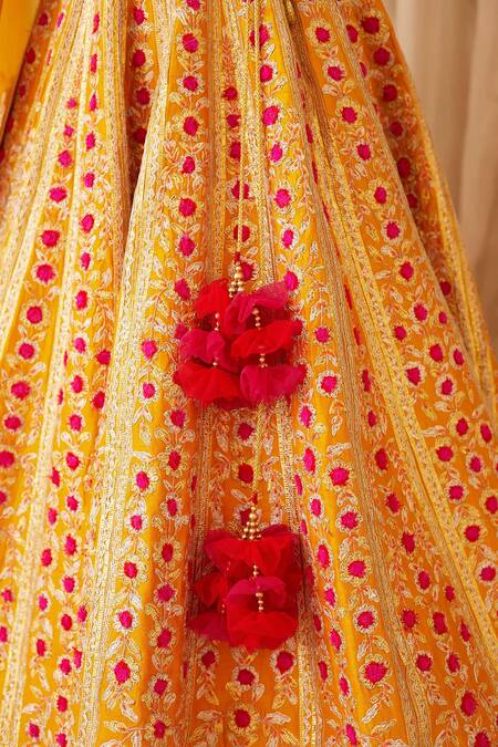 Shyam Narayan Prasad_Yellow Raw Silk, Net Round Gota Embroidered Bridal Lehenga Set _at_Aza_Fashions