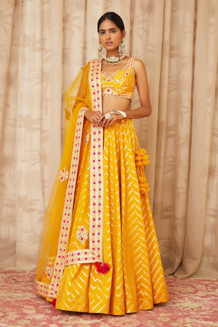 Shyam Narayan Prasad Yellow Brocade Silk Leaf Neck Embroidered Lehenga Set 