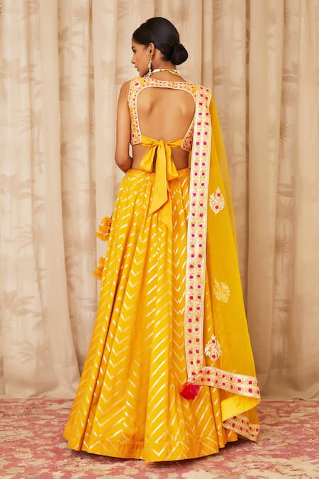 Shop Shyam Narayan Prasad Yellow Net, Brocade Silk Leaf Neck Embroidered Lehenga Set at Aza Fashions Shop_Shyam Narayan Prasad_Yellow Net, Brocade Silk Leaf Neck Embroidered Lehenga Set _at_Aza_Fashions