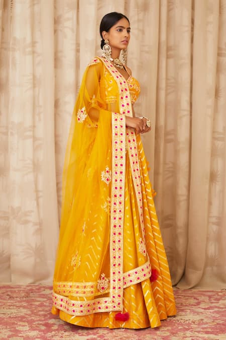 Shyam Narayan Prasad Yellow Net, Brocade Silk Leaf Neck Embroidered Lehenga Set Online at Aza Fashions Shyam Narayan Prasad_Yellow Net, Brocade Silk Leaf Neck Embroidered Lehenga Set _Online_at_Aza_Fashions