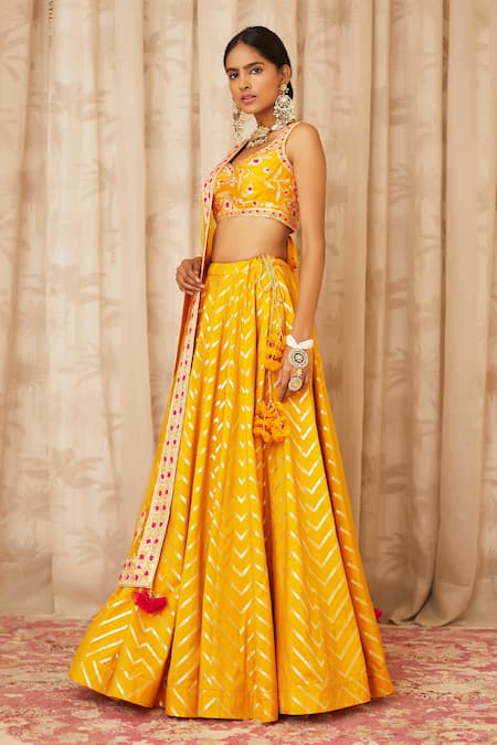 Buy Shyam Narayan Prasad Yellow Net, Brocade Silk Leaf Neck Embroidered Lehenga Set Online at Aza Fashions Buy_Shyam Narayan Prasad_Yellow Net, Brocade Silk Leaf Neck Embroidered Lehenga Set _Online_at_Aza_Fashions