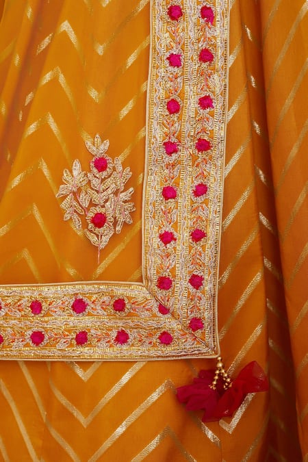 Shyam Narayan Prasad Yellow Net, Brocade Silk Leaf Neck Embroidered Lehenga Set at Aza Fashions Shyam Narayan Prasad_Yellow Net, Brocade Silk Leaf Neck Embroidered Lehenga Set _at_Aza_Fashions